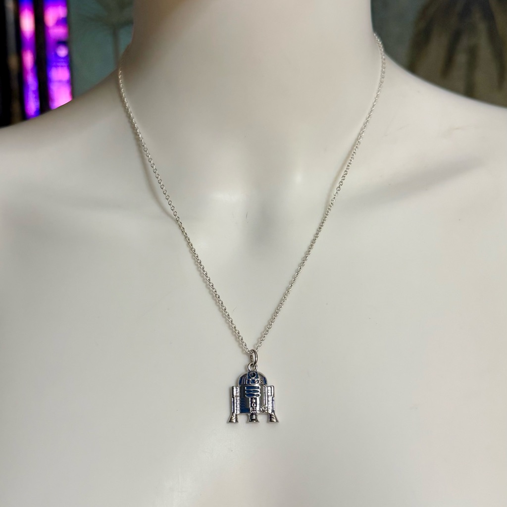 Star Wars R2d2 Blue Enamel Crystal Pendant .925 Sterling Silver Necklace